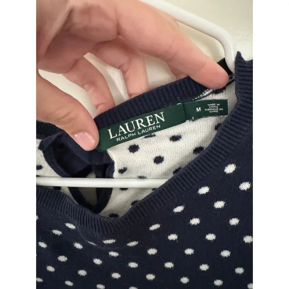 Lauren Ralph Lauren Modal Polka Dot Bow Back Sweater Blue White Medium